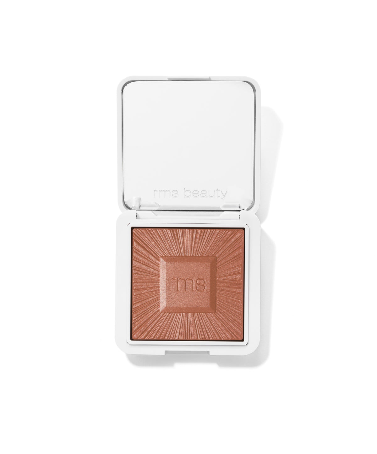 ReDimension Hydra Bronzer in a clean white compact, featuring warm bronze powder with embossed rays and rms beauty logo, cruelty free makeup with natural ingredients