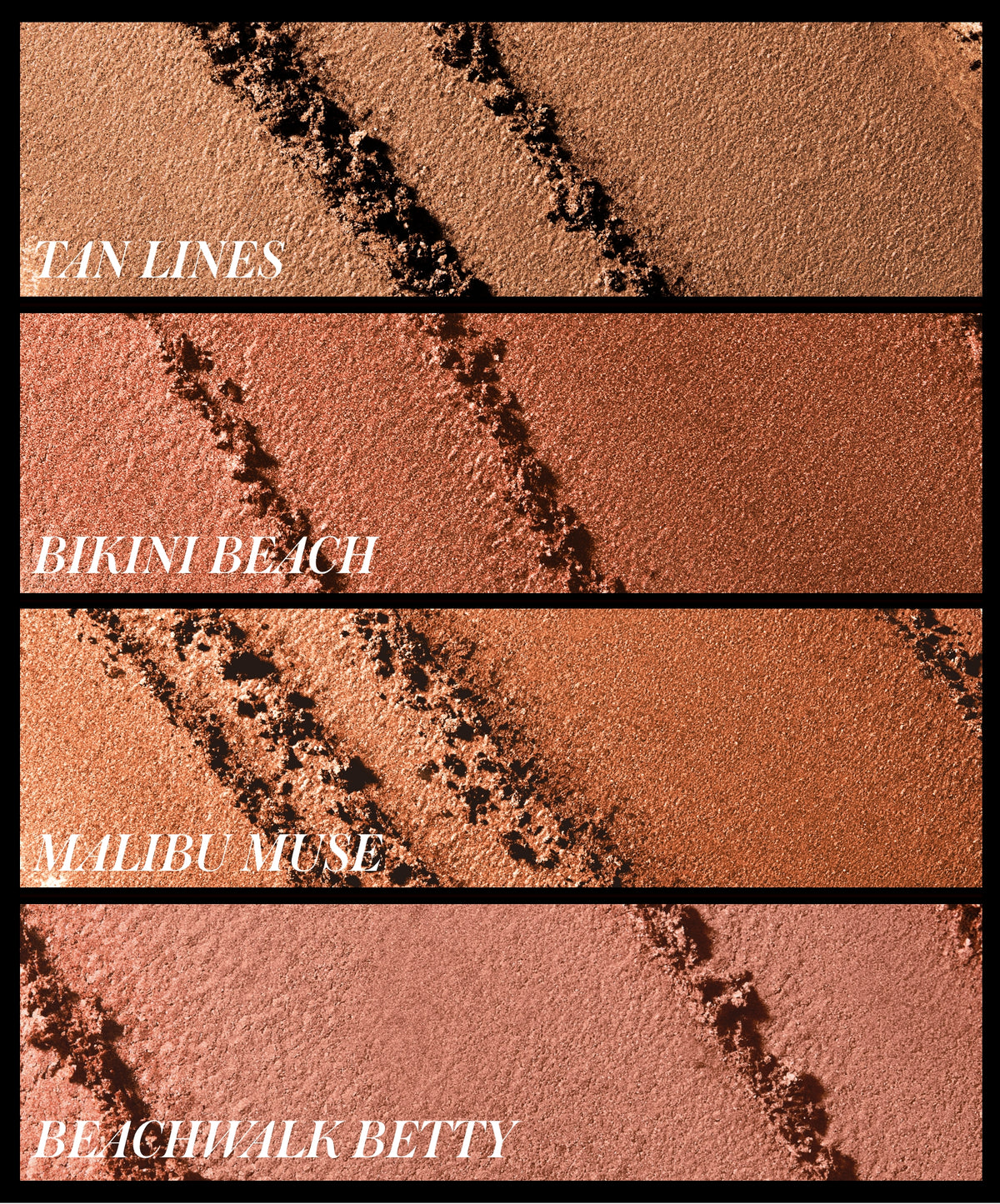 Close-up of four powder bronzer shades labeled Tin Lines, Bikini Beach, Malibu Muse, and Beachwalk Betty from the ReDimension Hydra Bronzer collection, showcasing natural warm tones with a smooth, finely milled texture.