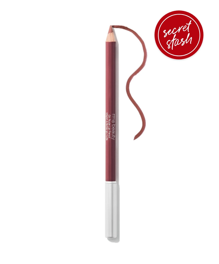 Go Nude Lip Pencil in a warm nude shade with creamy texture, shown next to a soft swatch of the color, highlighting smooth application and natural finish.