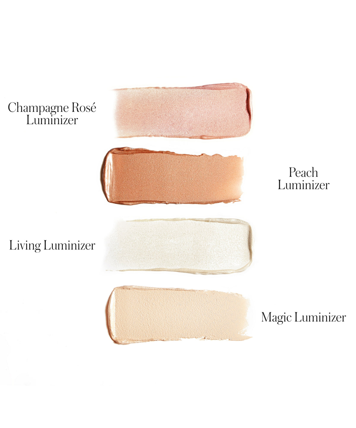 Four swatches of luminous makeup shades labeled Champagne Rosé, Peach, Living, and Magic Luminizer, showing a range of soft pink, warm peach, pearl white, and light beige tones for radiant skin.