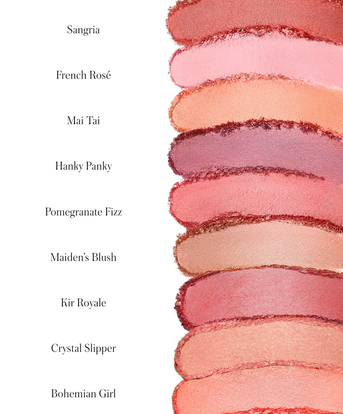 Swatches of ReDimension Hydra Powder Blush in nine shades including Sangria, French Rosé, Mai Tai, Hanky Panky, Pomegranate Fizz, Maiden’s Blush, Kir Royale, Crystal Slipper, and Bohemian Girl, showcasing natural and clean beauty tones.