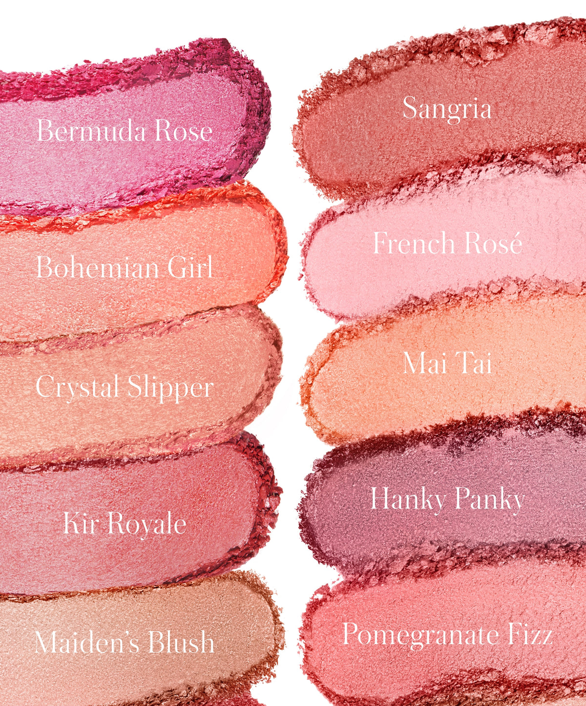 Swatches of ReDimension Hydra Powder Blush in various shades including Bermuda Rose, Bohemian Girl, Crystal Slipper, Kir Royale, Maiden’s Blush, Sangria, French Rosé, Mai Tai, Hanky Panky, and Pomegranate Fizz, showcasing vibrant natural ingredients and clean beauty makeup options.