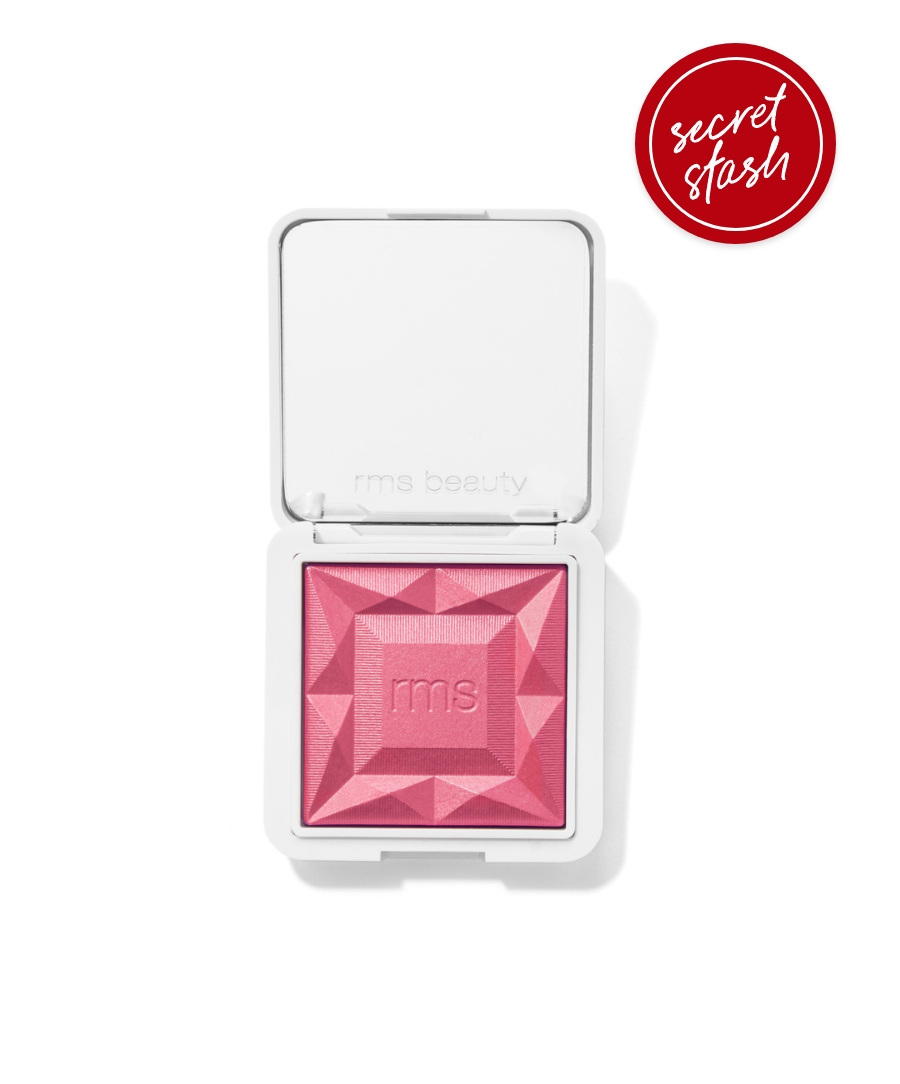 Open compact of ReDimension Hydra Powder Blush in vibrant pink shade, showcasing geometric pressed powder design with embossed "rms" logo for clean beauty makeup.