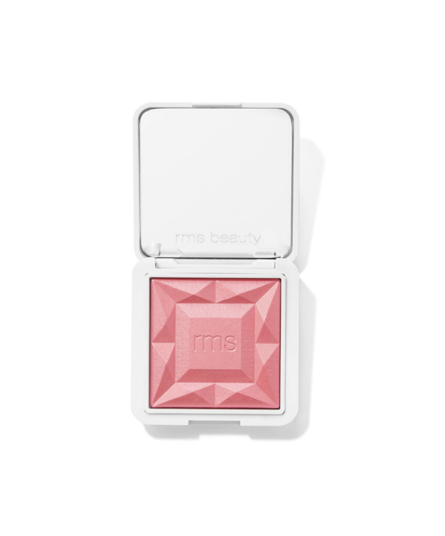 ReDimension Hydra Powder Blush in a soft rose shade with a geometric embossed design, cruelty free makeup featuring clean, natural, and sustainable ingredients by RMS Beauty.