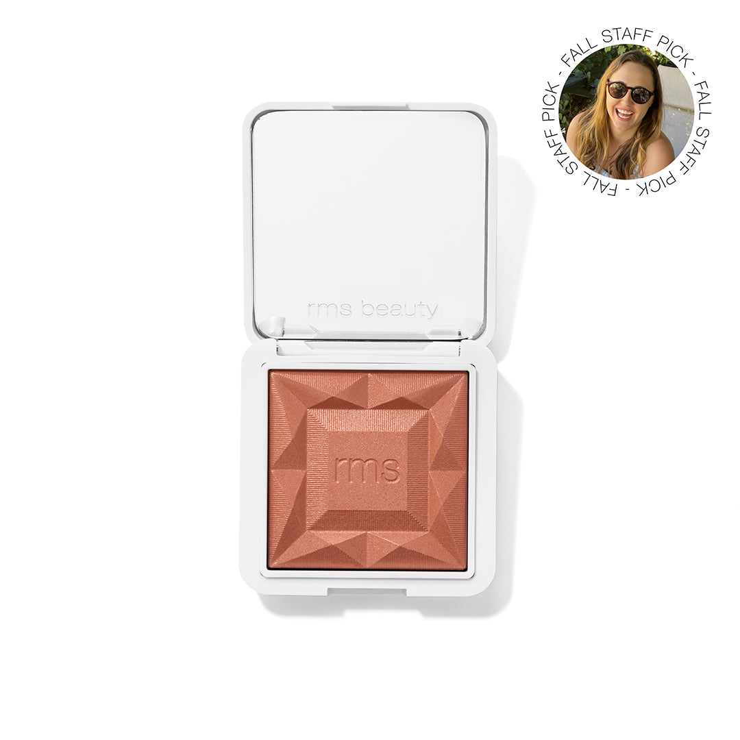 Open compact of ReDimension Hydra Powder Blush in a warm, natural shade with geometric texture embossed, showcasing clean beauty and sustainable packaging.