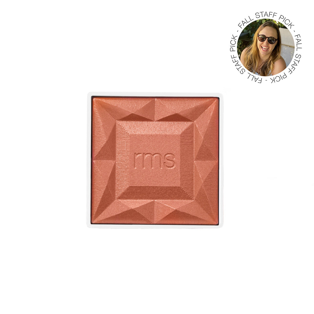 ReDimension Hydra Powder Blush in a warm terracotta shade with a textured geometric design and embossed rms logo, featuring clean beauty and sustainable packaging.