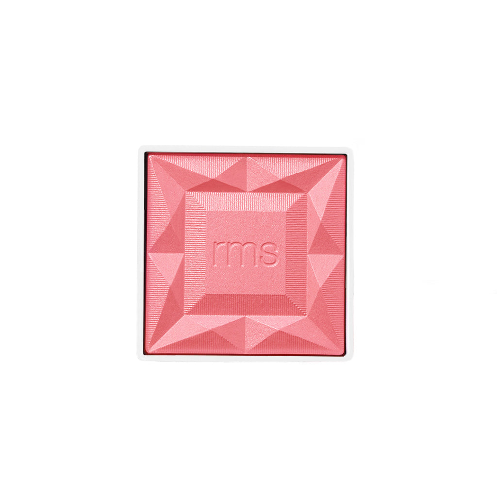 Square pink powder blush with a geometric embossed design and "rms" logo, part of the ReDimension Hydra Powder Blush collection featuring clean beauty and natural ingredients.