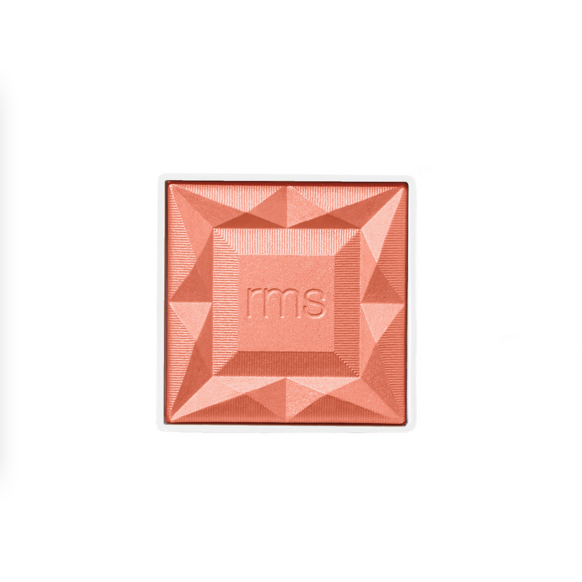 ReDimension Hydra Powder Blush in a peachy coral shade with a geometric embossed design, featuring clean beauty ingredients and cruelty-free makeup by RMS Beauty.