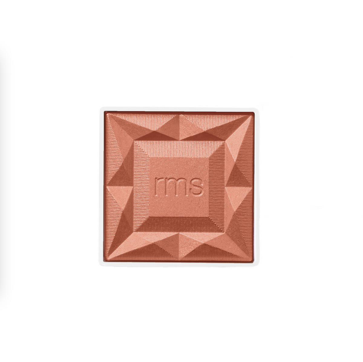 ReDimension Hydra Powder Blush in a warm peachy shade with a geometric embossed design featuring the rms logo, reflecting clean beauty and natural ingredients.