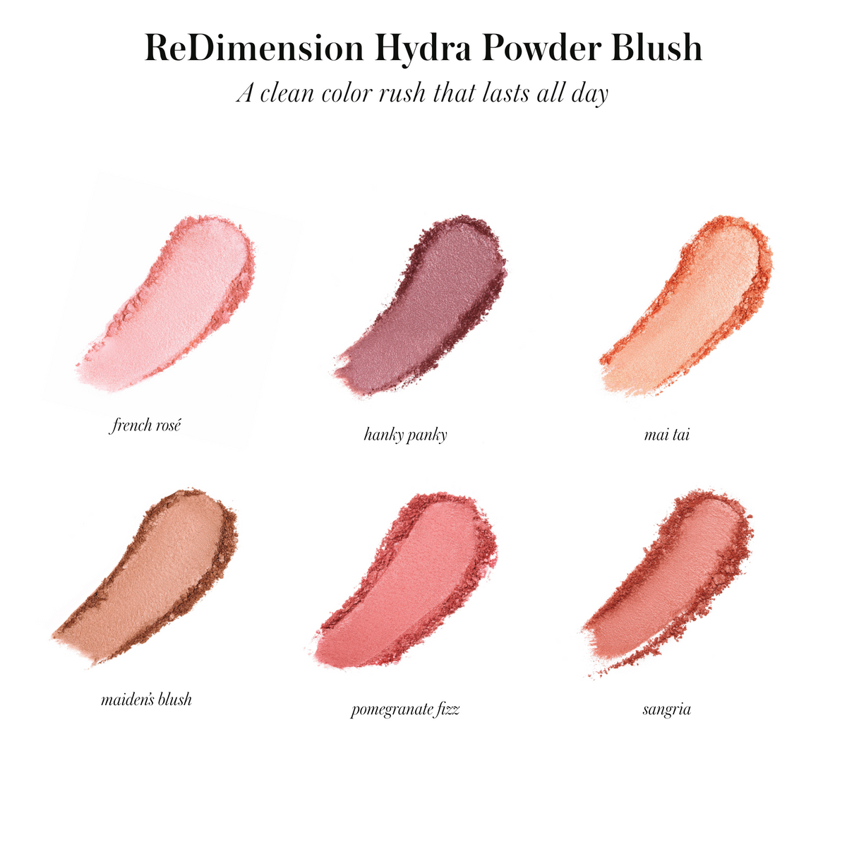 ReDimension Hydra Powder Blush color swatches showcasing six shades including French Rosé, Hunky Punky, Mai Tai, Maiden’s Blush, Pomegranate Fizz, and Sangria in a clean beauty style.