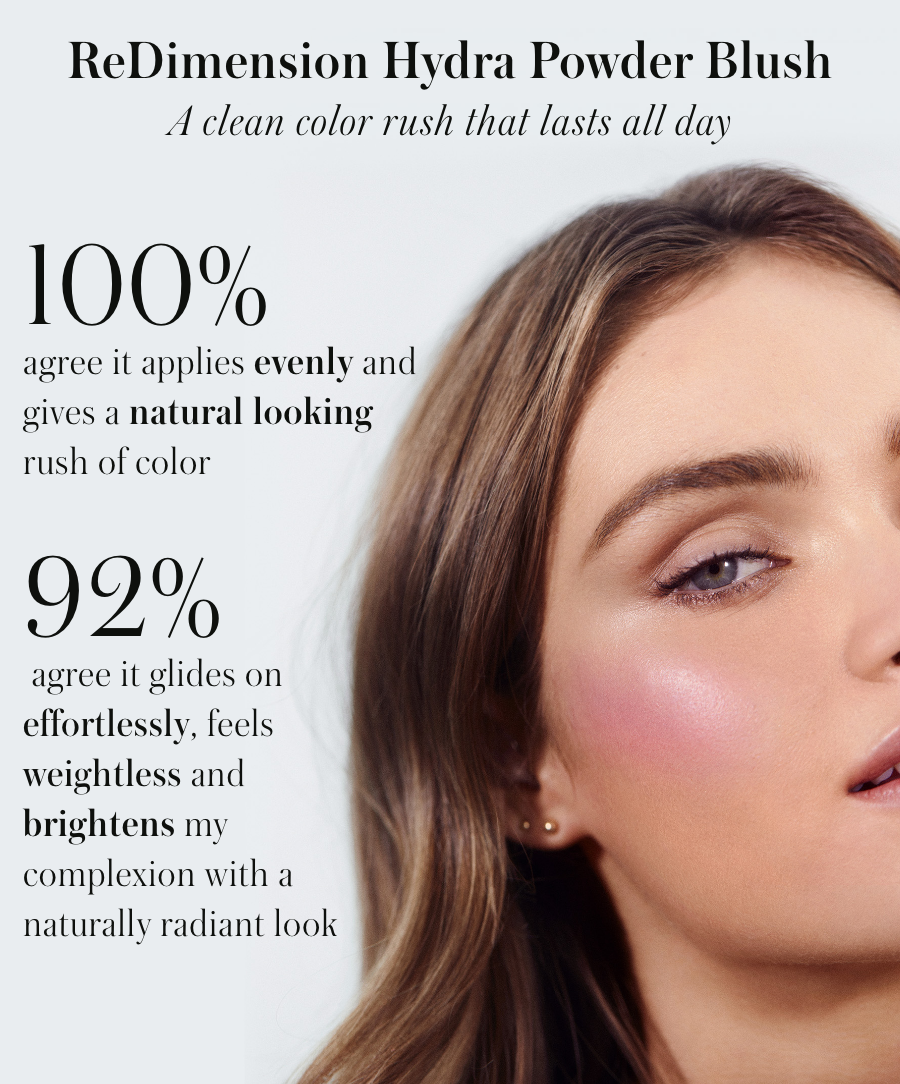 Close-up of a woman with glowing skin wearing ReDimension Hydra Powder Blush, showcasing a natural, radiant, and evenly applied pink color that brightens her complexion.