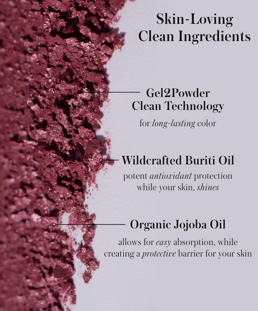 Close-up of crushed rose-colored ReDimension Hydra Powder Blush highlighting skin-loving clean ingredients including Gel2Powder technology for long-lasting color, wildcrafted Buriti oil for antioxidant protection, and organic jojoba oil for easy absorption and a protective skin barrier.