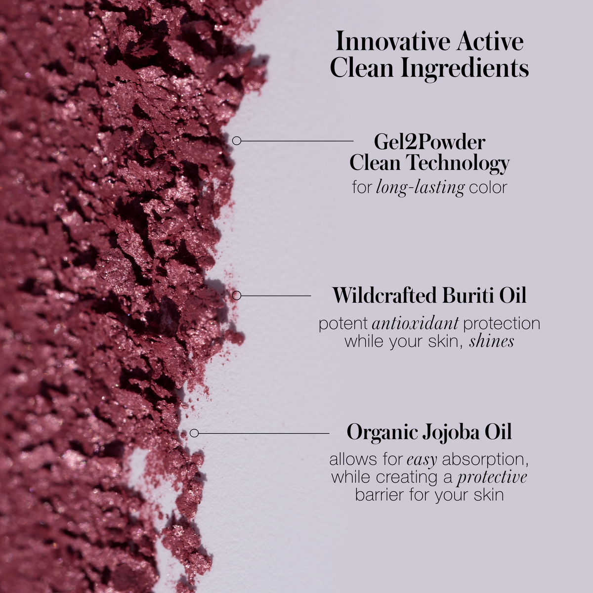 Close-up of crushed reddish blush powder illustrating the innovative active clean ingredients in ReDimension Hydra Powder Blush, highlighting Gel2Powder clean technology, wildcrafted Buriti oil, and organic jojoba oil for long-lasting color and skin protection.