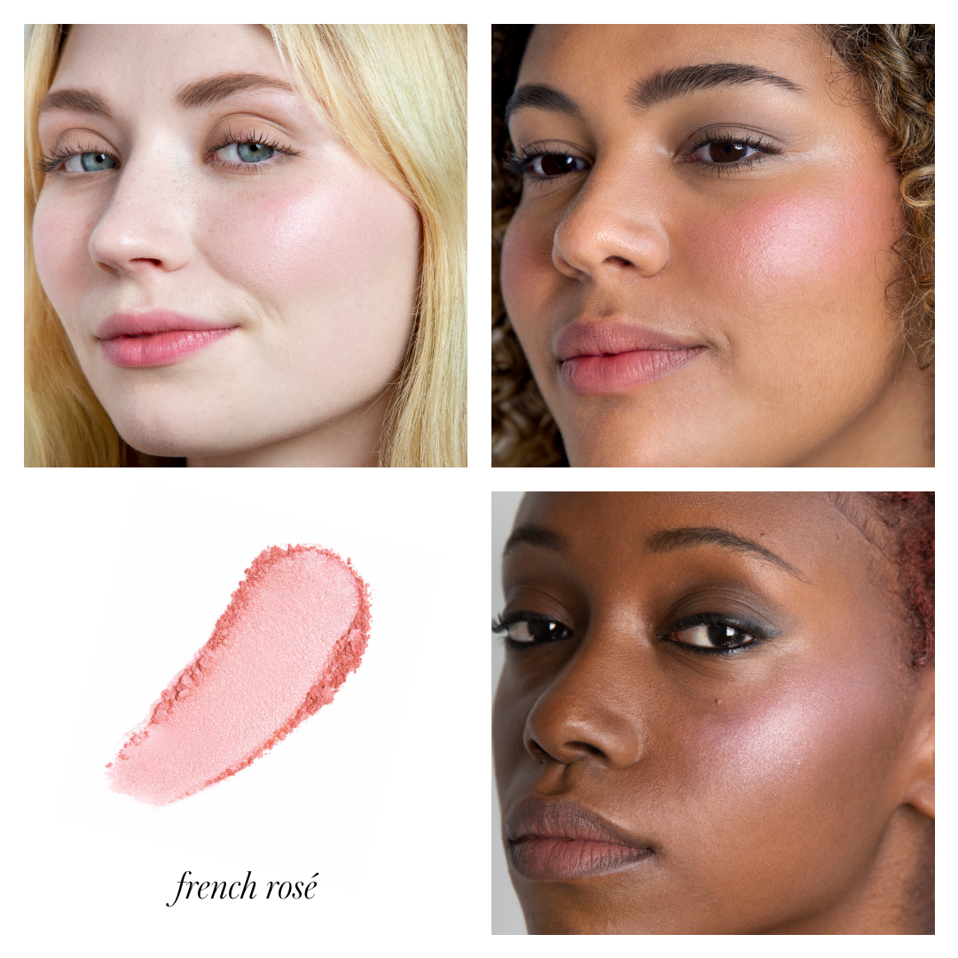 Close-up images of three diverse women wearing a natural pink blush shade on their cheeks, alongside a swatch of the powder in the color French Rosé, showcasing the ReDimension Hydra Powder Blush with clean beauty and skincare-infused makeup benefits.