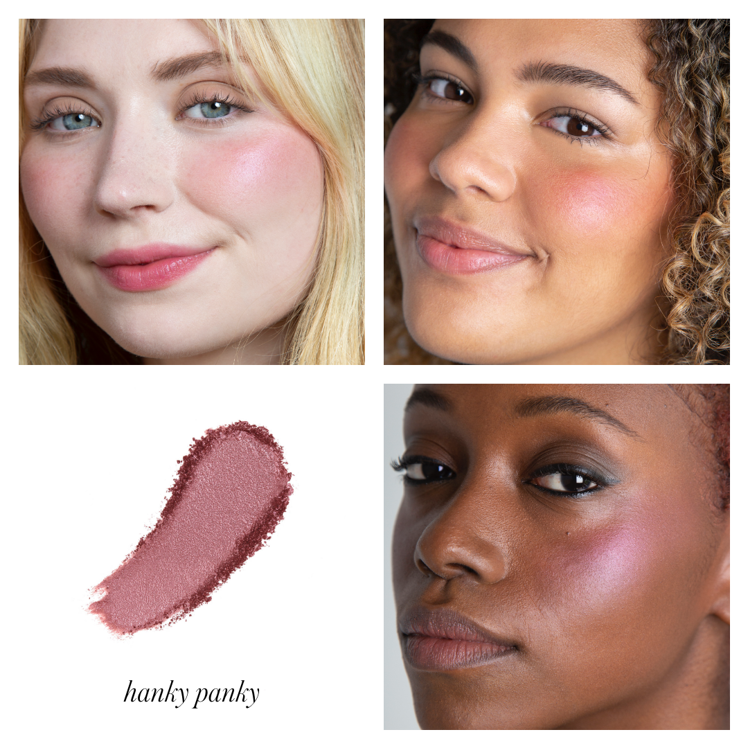 Close-up portraits of diverse women wearing soft pink shimmer blush on their cheeks and a smear of the ReDimension Hydra Powder Blush in Hanky Panky shade, showcasing clean beauty and cruelty free makeup.