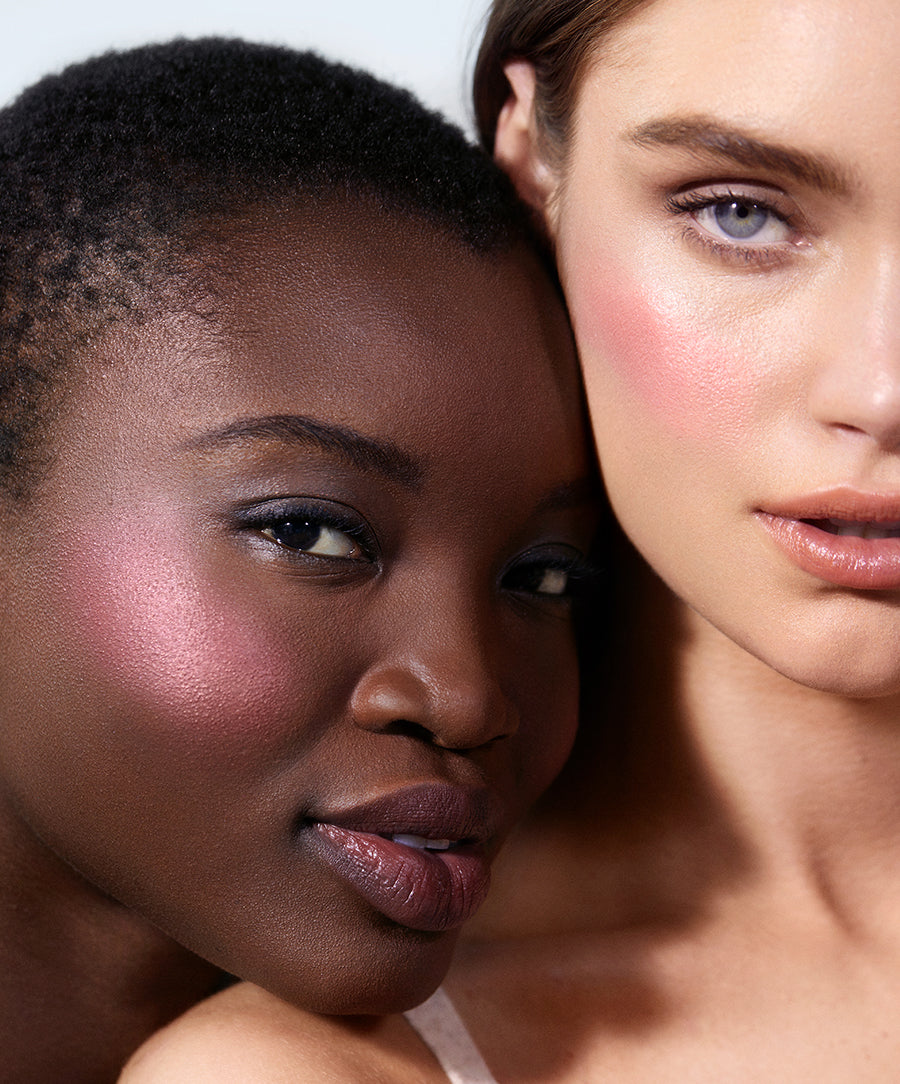 Two close-up portraits of women showcasing vibrant, radiant cheeks enhanced with ReDimension Hydra Powder Blush, highlighting natural skin radiance and clean beauty.