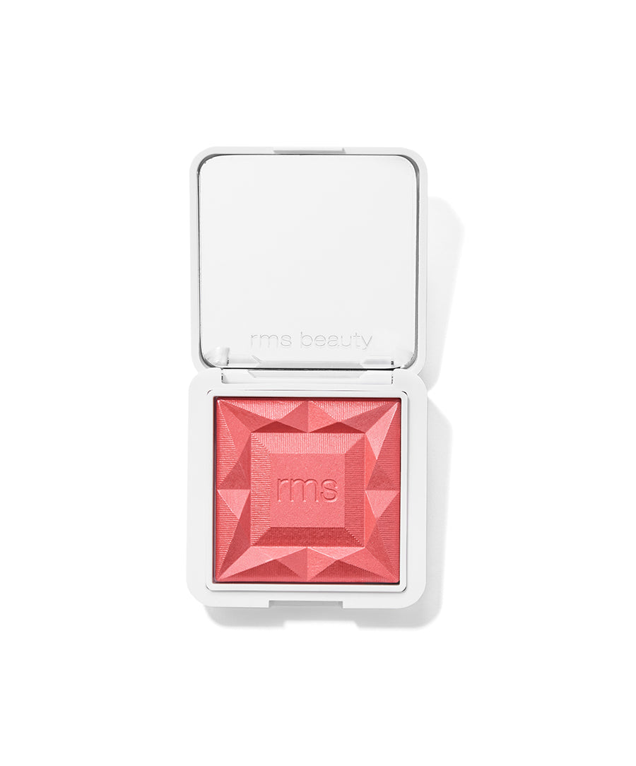 ReDimension Hydra Powder Blush by RMS Beauty in a vibrant pink shade with a geometric embossed design, cruelty free makeup with clean, natural ingredients and sustainable packaging.