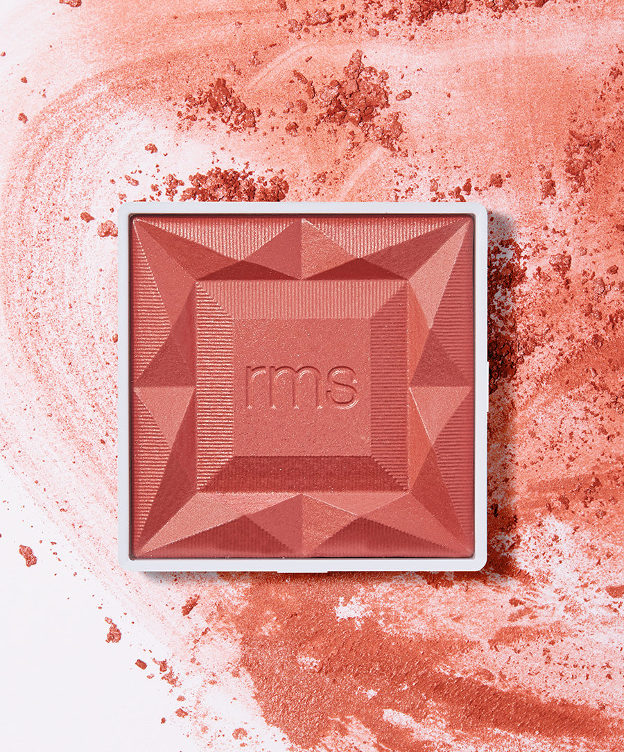 ReDimension Hydra Powder Blush in a warm sangria shade with geometric embossed design, featuring clean beauty, natural ingredients, and sustainable packaging by RMS Beauty.