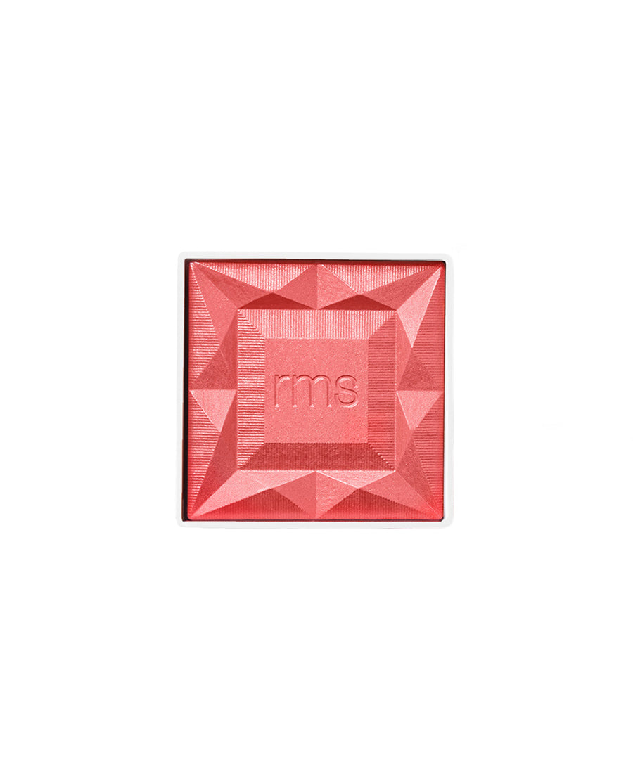Square compact of ReDimension Hydra Powder Blush in a coral shade with a geometric embossed design and RMS Beauty logo, showcasing clean beauty and sustainable packaging.