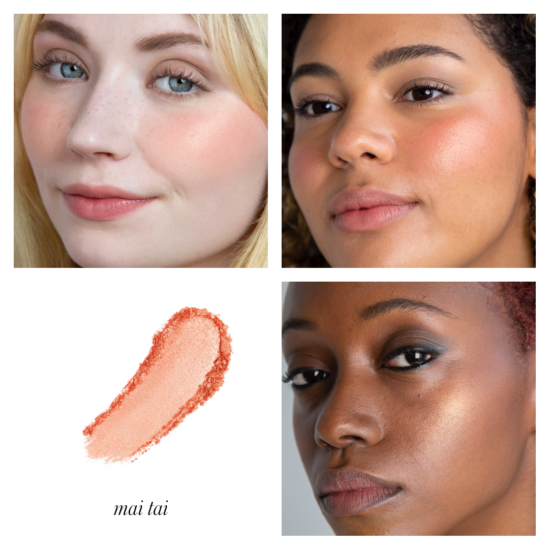 Close-up portraits of three women with different skin tones wearing ReDimension Hydra Powder Blush in Mai Tai shade, alongside a swatch of the warm peachy coral blush with clean beauty, natural and cruelty free ingredients.