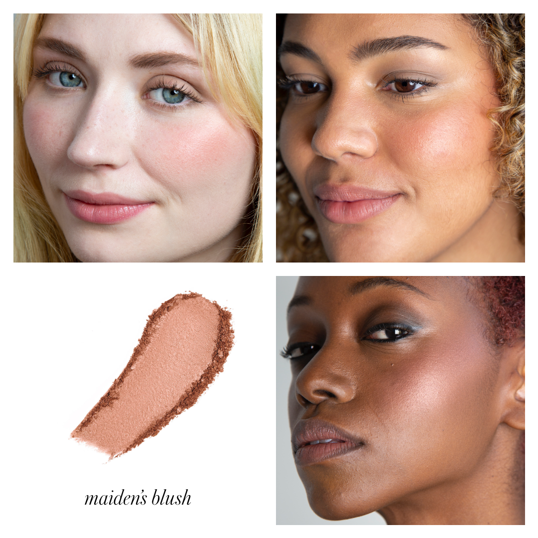 Close-up portraits of three diverse women showcasing natural, radiant cheeks with subtle pink blush, alongside a swatch of maiden’s blush shade from ReDimension Hydra Powder Blush, highlighting clean beauty and skincare infused makeup.
