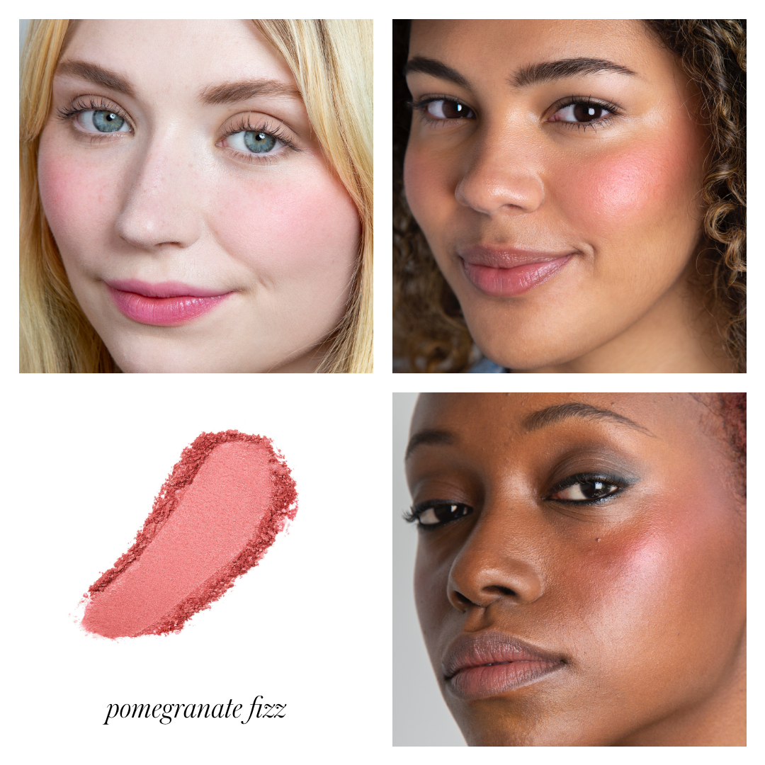 Close-up portraits of diverse women wearing ReDimension Hydra Powder Blush in a soft pink shade named pomegranate fizz, alongside a swatch of the blush showcasing its natural, radiant finish.