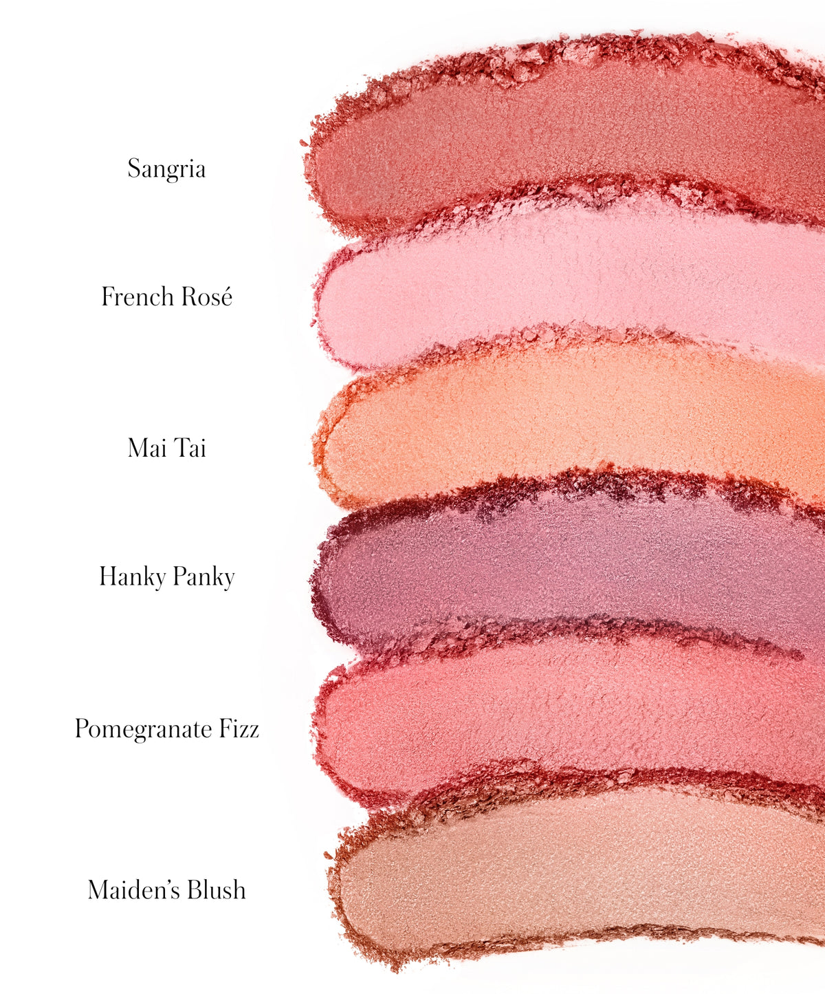 Six crushed powder blush shades in warm and cool tones labeled Sangria, French Rosé, Mai Tai, Hanky Panky, Pomegranate Fizz, and Maiden’s Blush for ReDimension Hydra Powder Blush.