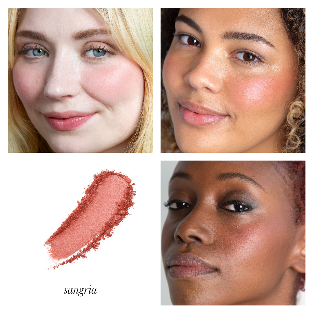 Three diverse women wearing ReDimension Hydra Powder Blush in a soft sangria shade, shown with a smooth swatch of the cruelty free makeup on a white background.